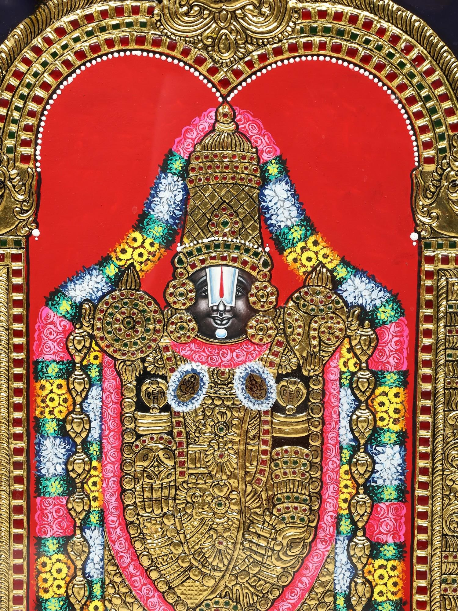 Lord Venkateshvara as Balaji Tanjore Painting | Traditional Colors With 24K Gold | Framed Tanjore - 2