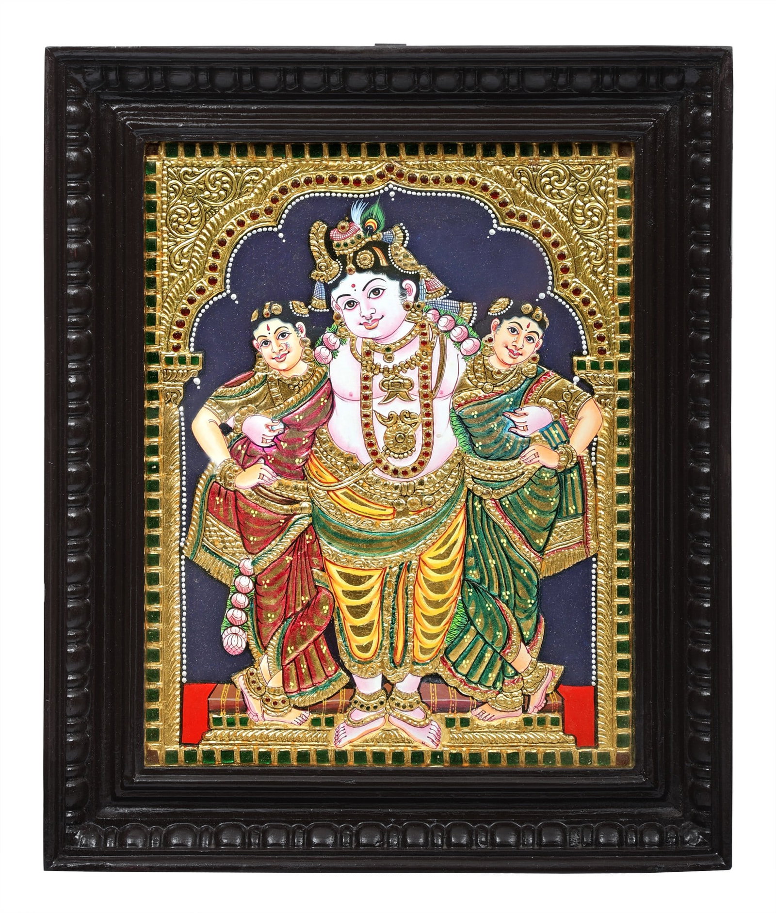 Krishna with his Queens Tanjore Painting | Traditional Colors With 24K Gold | Teakwood Frame | Gold: Title: Krishna with his Queens Tanjore Painting | Traditional Colors With 24K Gold | Teakwood Frame | Gold & Wood | Handmade | Made In India Description: South Indian Painting Reserve: $619.00