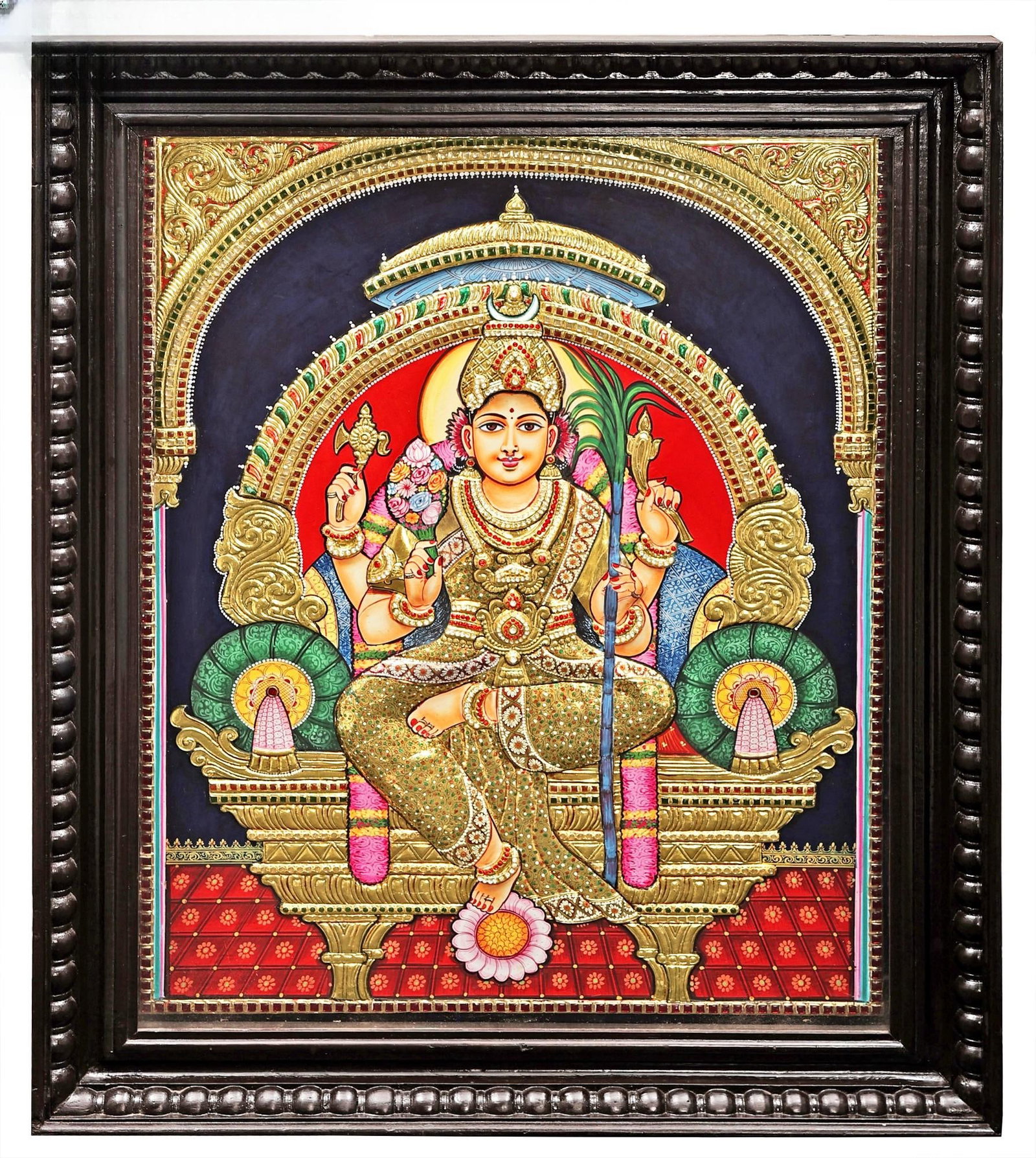 Large Goddess Rajarajeshwari Tanjore Painting | Traditional Colors With 24K Gold | Teakwood Frame |: Title: Large Goddess Rajarajeshwari Tanjore Painting | Traditional Colors With 24K Gold | Teakwood Frame | Gold & Wood | Handmade | Made In India Description: South Indian Painting Reserve: $1,575.00 