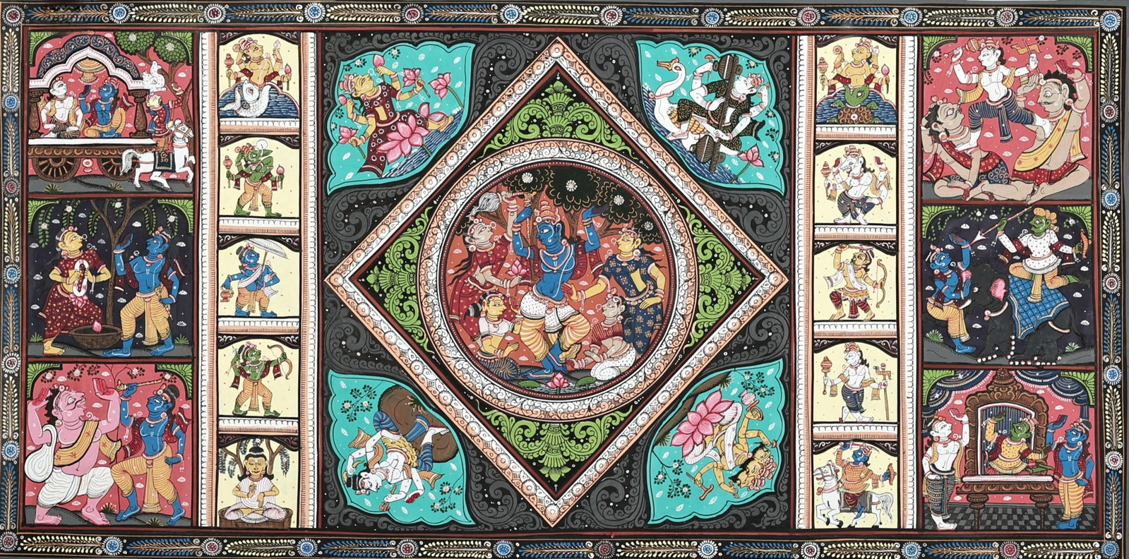 37" x 23" Life Events of Lord Krishna Patachitra Paintings |Traditional Colors | Handmade | Krishna - 2