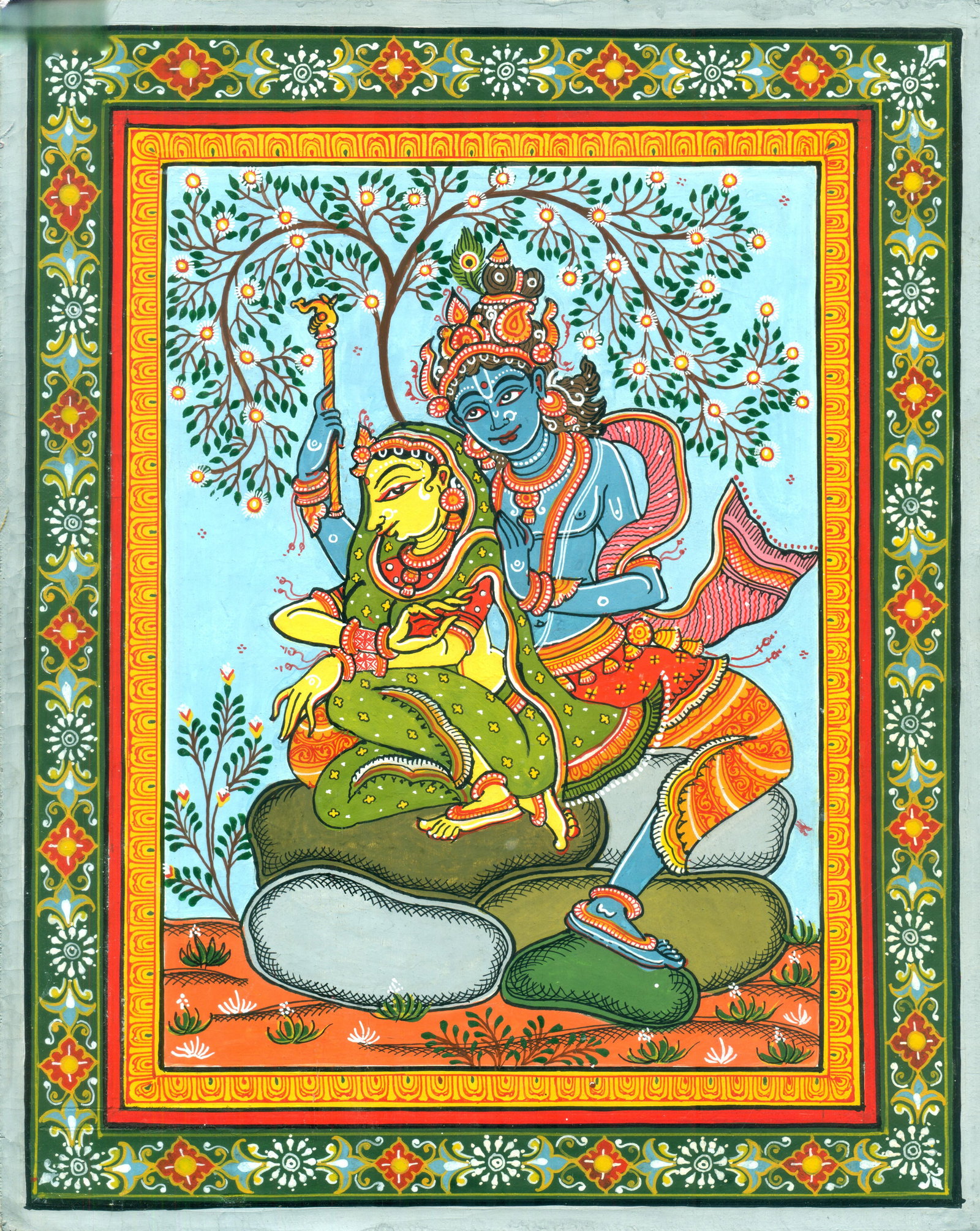 Pattachitra Painting of Radha Krishna Under the Fruitful Tree: Title: Pattachitra Painting of Radha Krishna Under the Fruitful Tree Description: Folk Paintings Reserve: $62.00 Shipping: Domestic: Shipping rates are determined by destination International:
