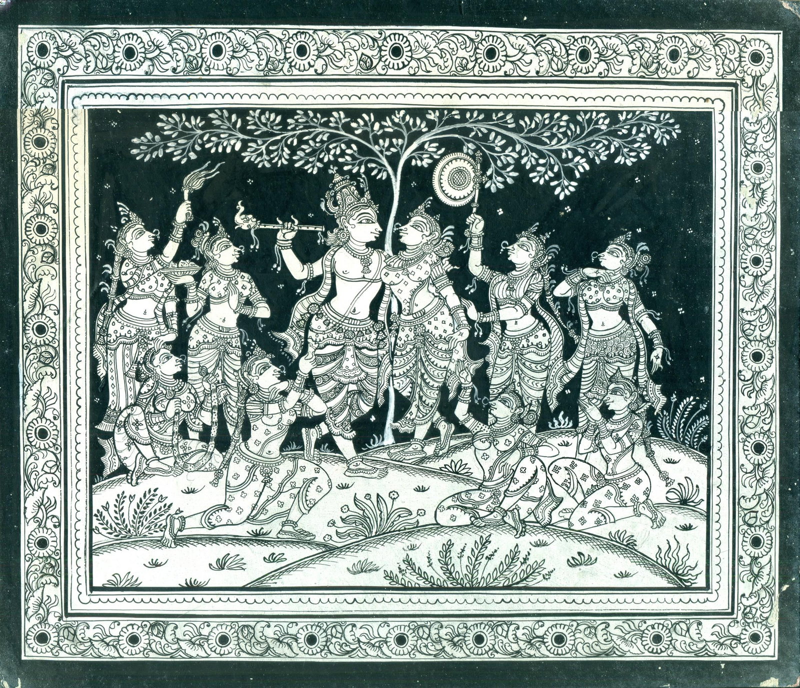 Lord Krishna With Radha And Eight Milkmaids: Title: Lord Krishna With Radha And Eight Milkmaids Description: Folk Paintings Reserve: $68.00 Shipping: Domestic: Shipping rates are determined by destination International: Foreign shipping rates