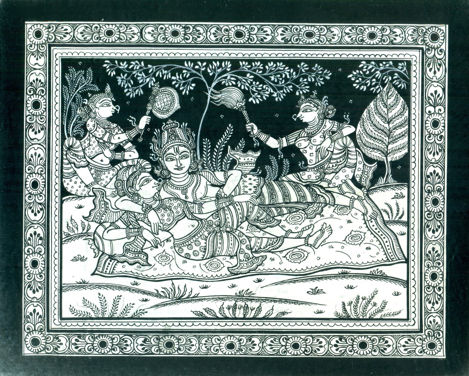 Lord Vishnu and Lakshmi Expressing their Loving Bond: Title: Lord Vishnu and Lakshmi Expressing their Loving Bond Description: Folk Paintings Reserve: $77.00 Shipping: Domestic: Shipping rates are determined by destination International: Foreign shipping