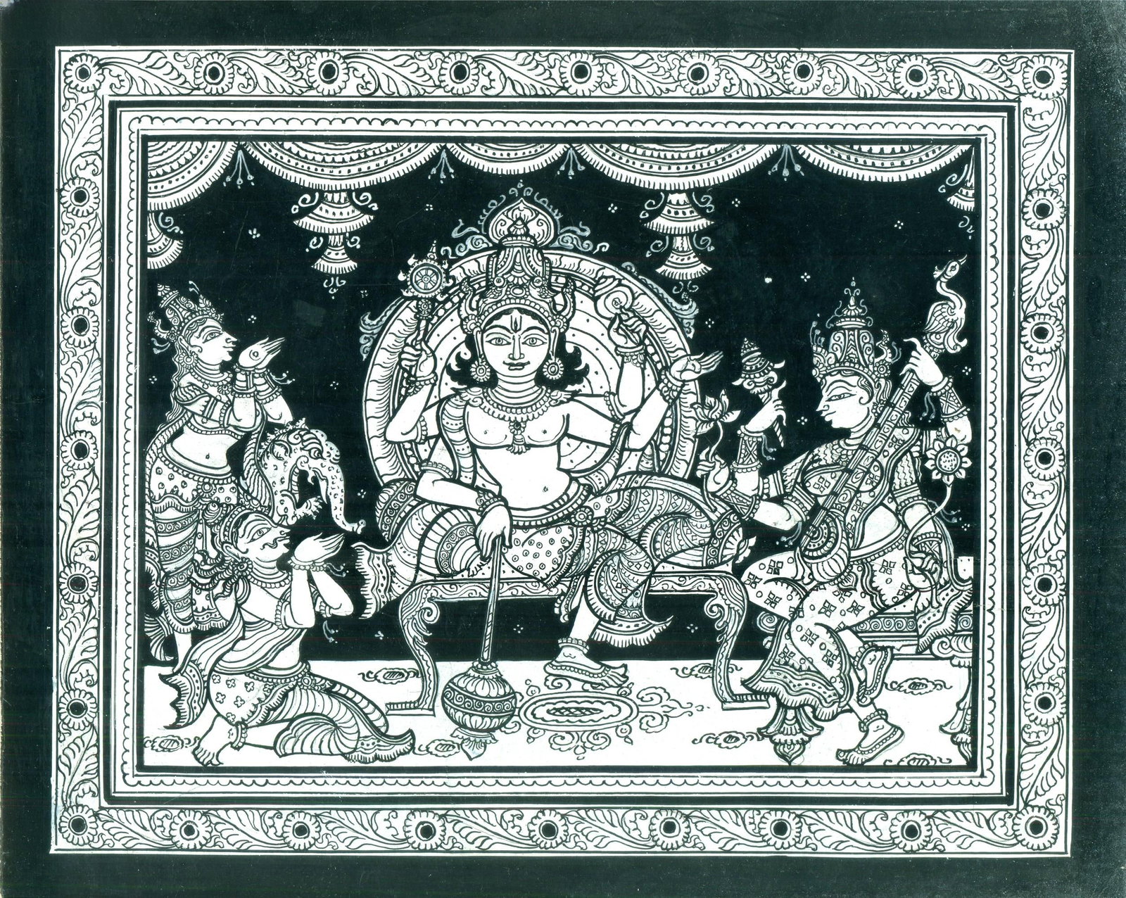 Veneration of Lord Vishnu and Goddess Saraswati: Title: Veneration of Lord Vishnu and Goddess Saraswati Description: Folk Paintings Reserve: $77.00 Shipping: Domestic: Shipping rates are determined by destination International: Foreign shipping