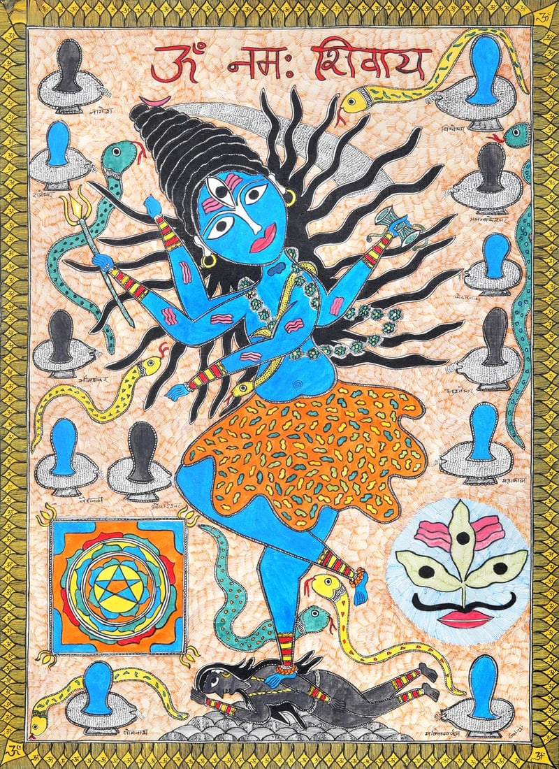 Dancing Shiva with Twelve Jyotirlingas: Title: Dancing Shiva with Twelve Jyotirlingas Description: Folk Paintings Reserve: $212.00 Shipping: Domestic: Shipping rates are determined by destination International: Foreign shipping rates are de