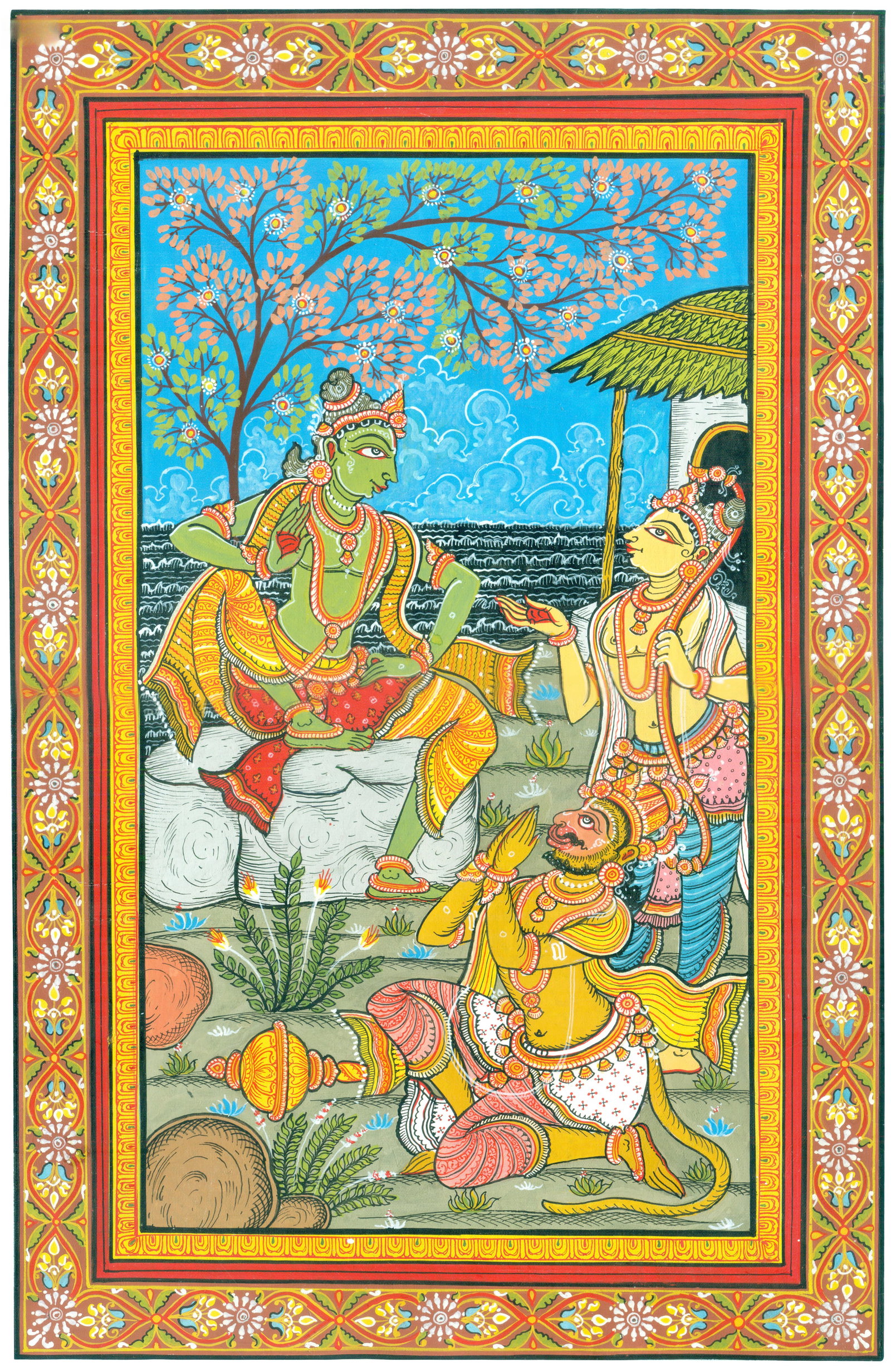 Fine Painting of Hanuman is Delighting to see Rama Conversing with Lakshman: Title: Fine Painting of Hanuman is Delighting to see Rama Conversing with Lakshman Description: Folk Paintings Reserve: $150.00 Shipping: Domestic: Shipping rates are determined by destination Interna