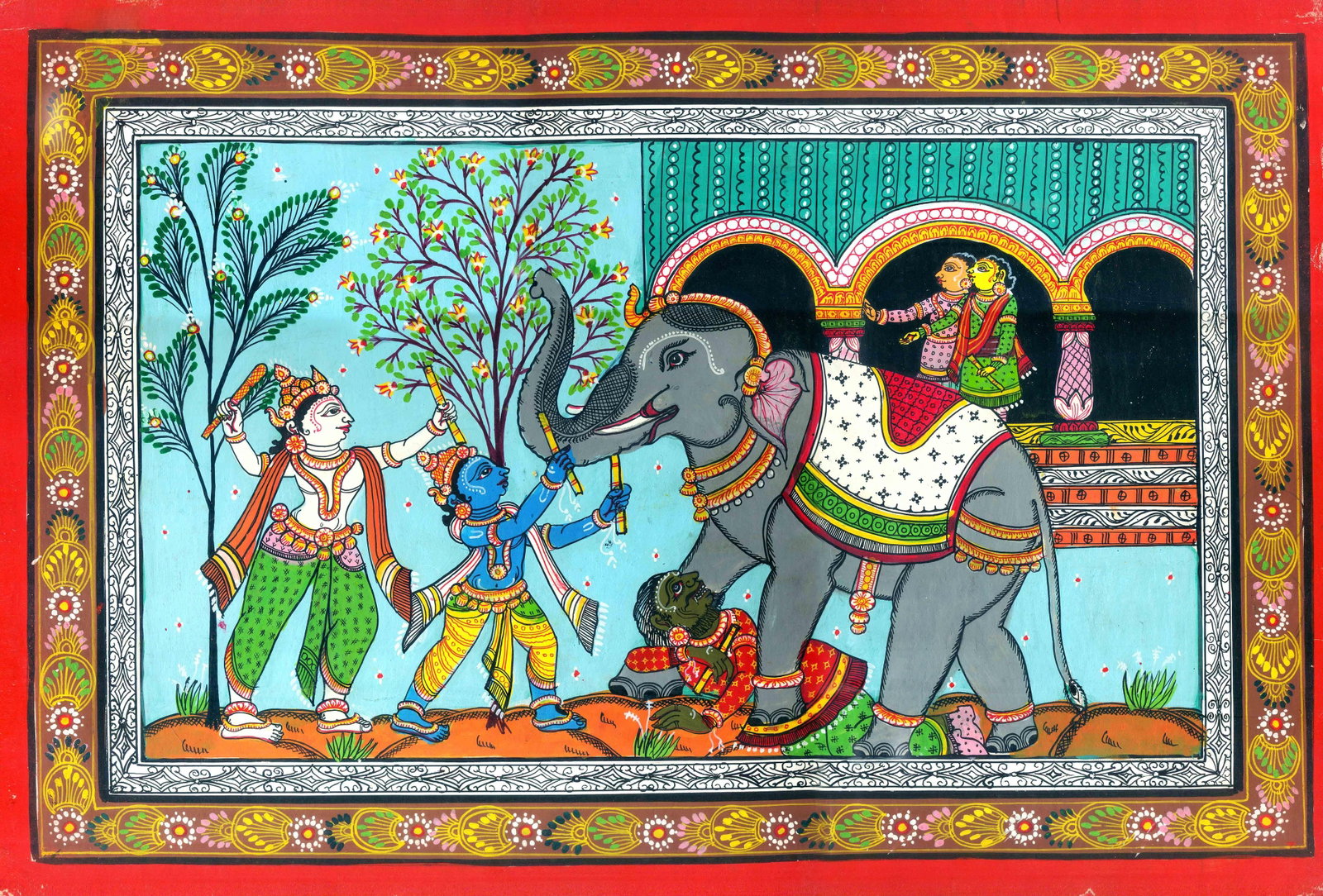 Lord Krishna and Balarama Killing The Demon Elephant Kuvalayapeeda: Title: Lord Krishna and Balarama Killing The Demon Elephant Kuvalayapeeda Description: Folk Paintings Reserve: $98.00 Shipping: Domestic: Shipping rates are determined by destination International: Fo