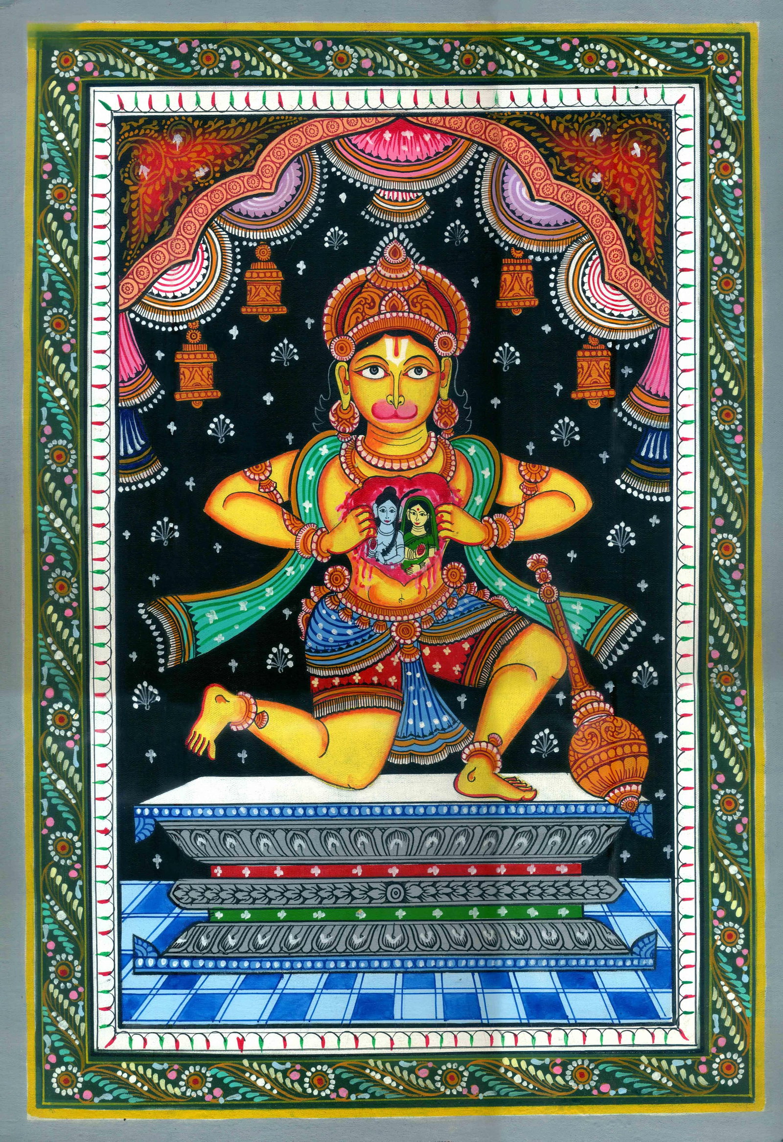The Powerful Gaze of Bhakta Hanuman: Title: The Powerful Gaze of Bhakta Hanuman Description: Folk Paintings Reserve: $150.00 Shipping: Domestic: Shipping rates are determined by destination International: Foreign shipping rates are deter