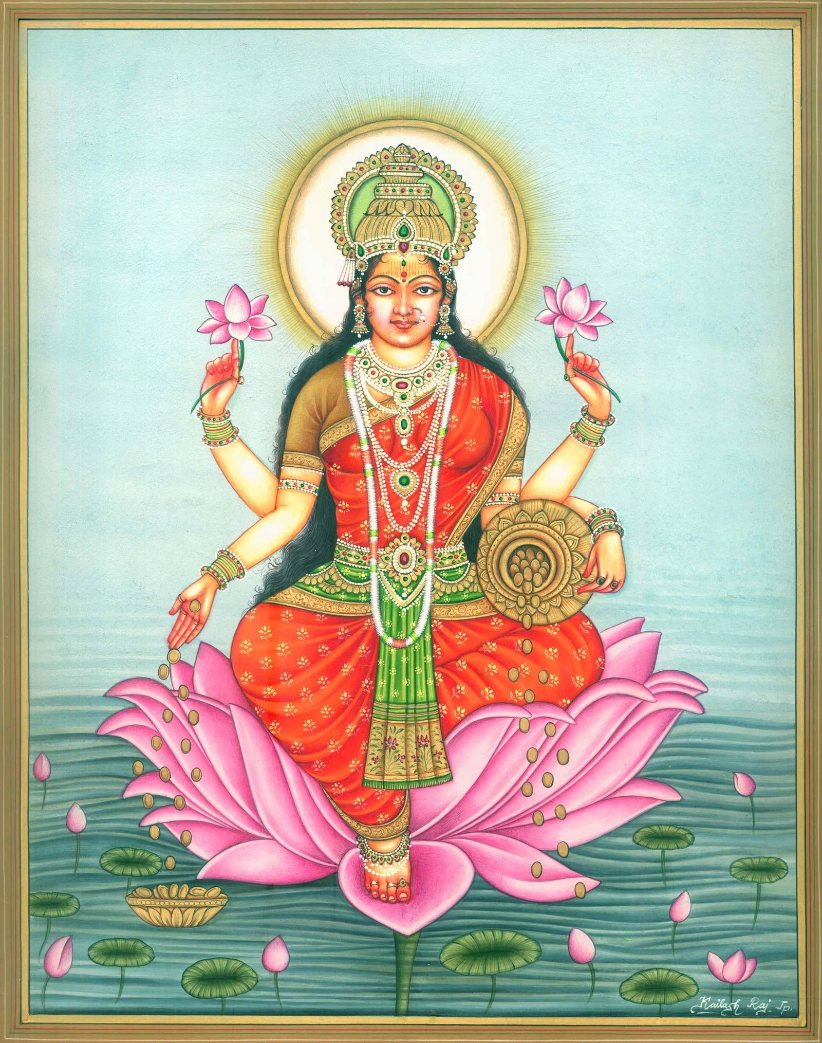 Goddess Dhana Lakshmi Seated on Lotus in Pond: Title: Goddess Dhana Lakshmi Seated on Lotus in Pond Description: Hindu Gods & Goddesses Painting Reserve: $585.00 Shipping: Domestic: Shipping rates are determined by destination International: Forei