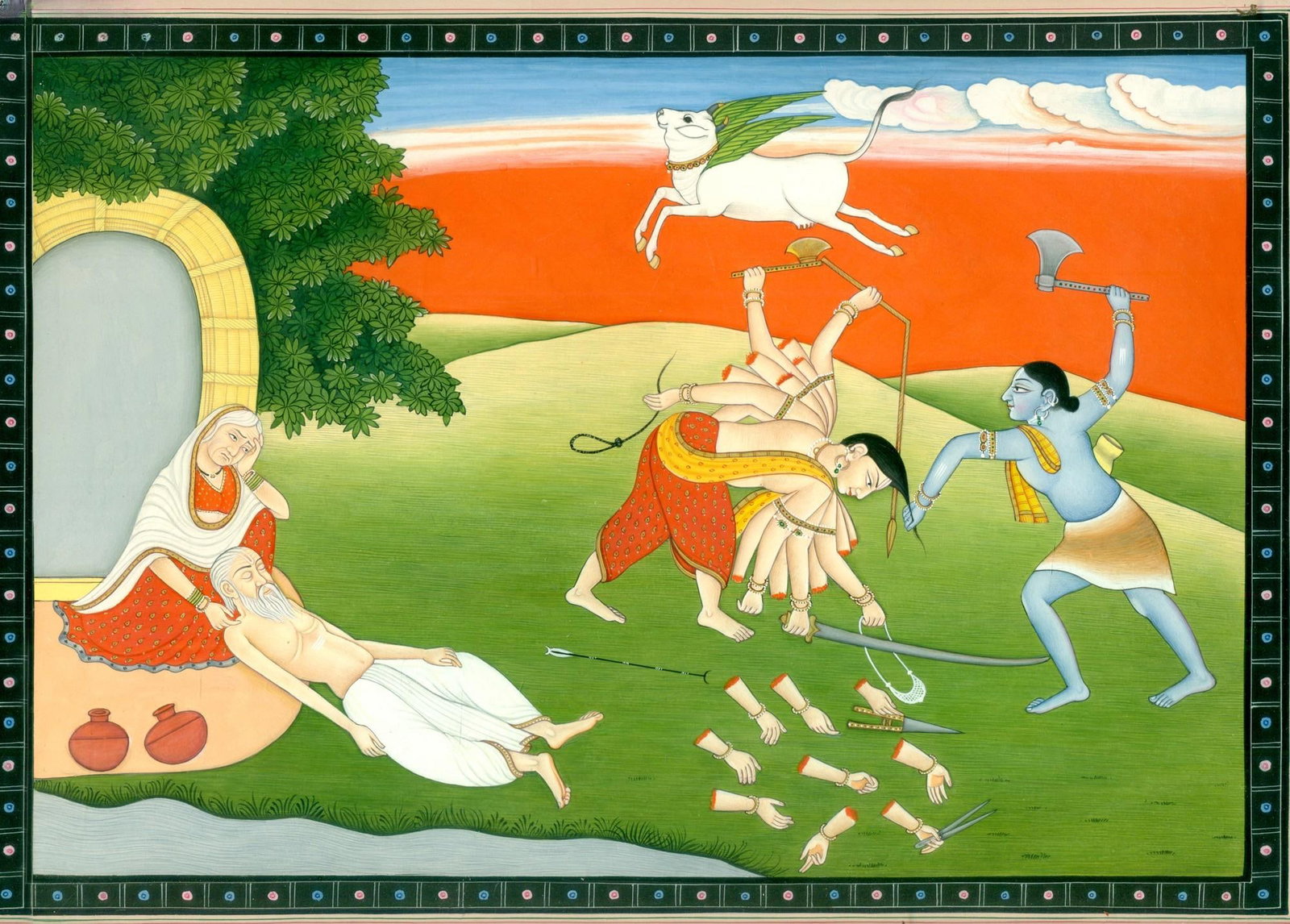 Saharabahu’s Downfall In The Hands of Lord Parashurama: Title: Saharabahu’s Downfall In The Hands of Lord Parashurama Description: Hindu Gods & Goddesses Painting Reserve: $467.00 Shipping: Domestic: Shipping rates are determined by destination Inter