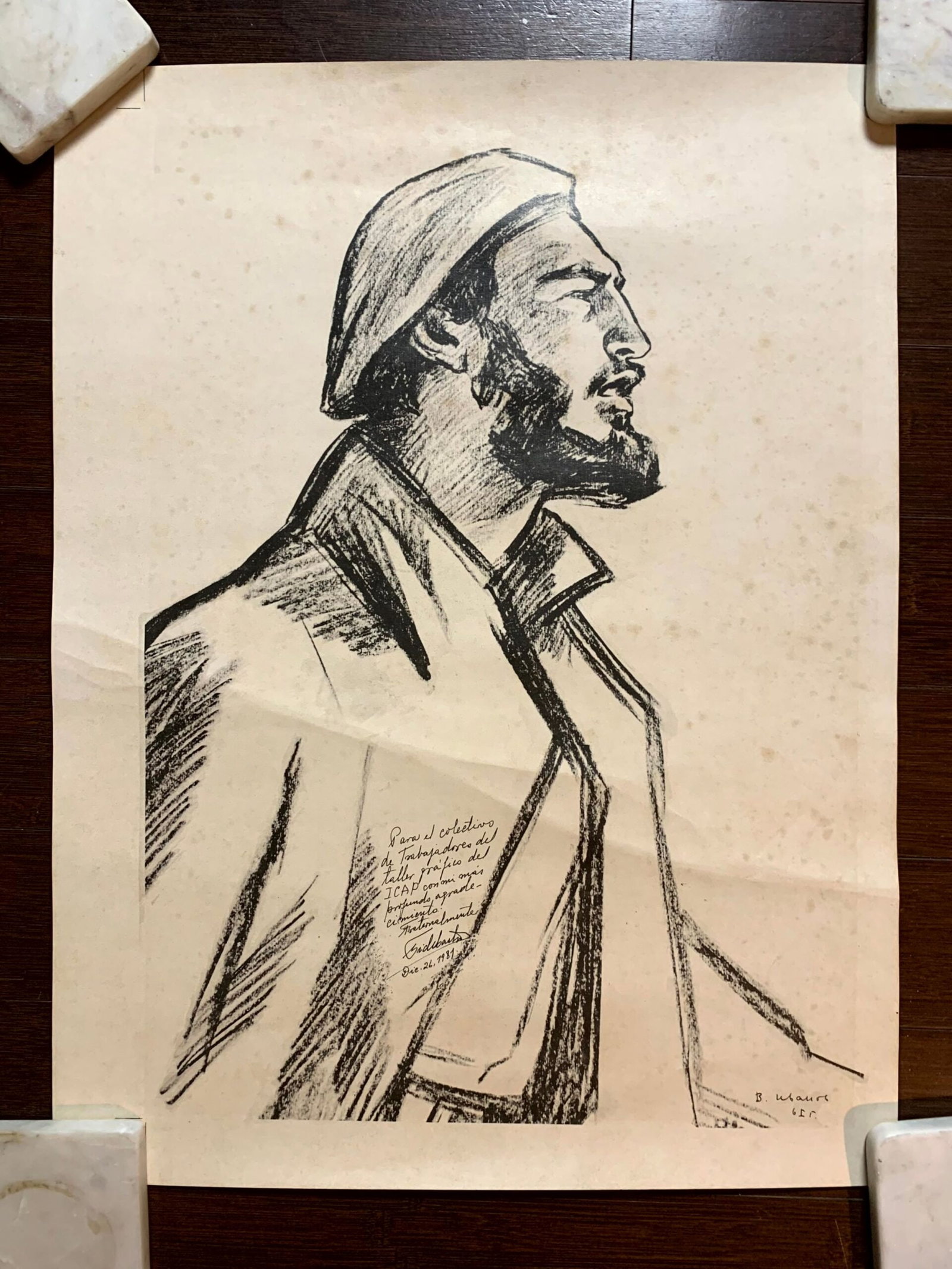 Castro Artist Rendering - Signed by Fidel Castro (1981) 18.75"X24.75" Cuban Poster (1 of 4)