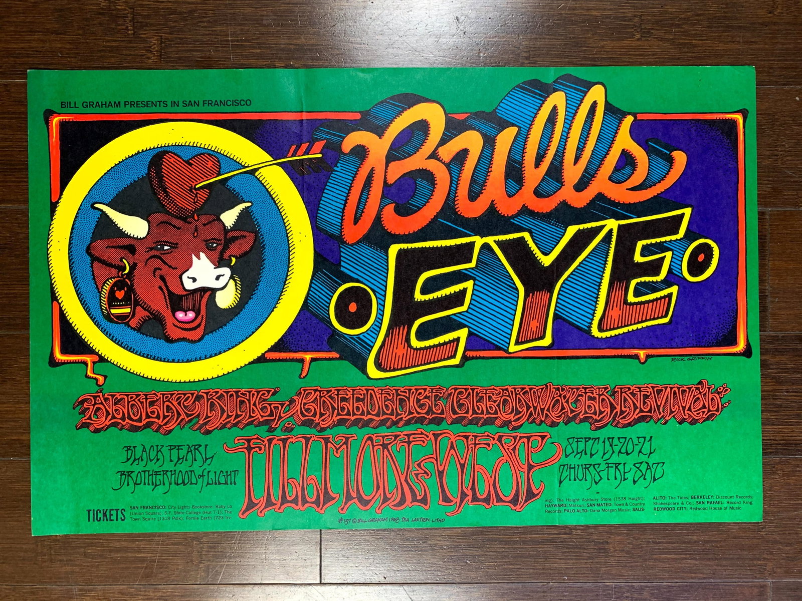 Bulls Eye Concert - Albert King, Ccr & Black Pearl - Art By Rick Griffin (1968) 14x22 US Music: Title: Bulls Eye Concert - Albert King, Ccr & Black Pearl - Art By Rick Griffin (1968) 14x22 US Music Poster Description: Bulls Eye Concert - Albert King, Ccr & Black Pearl - Art By Rick Griffin (1968
