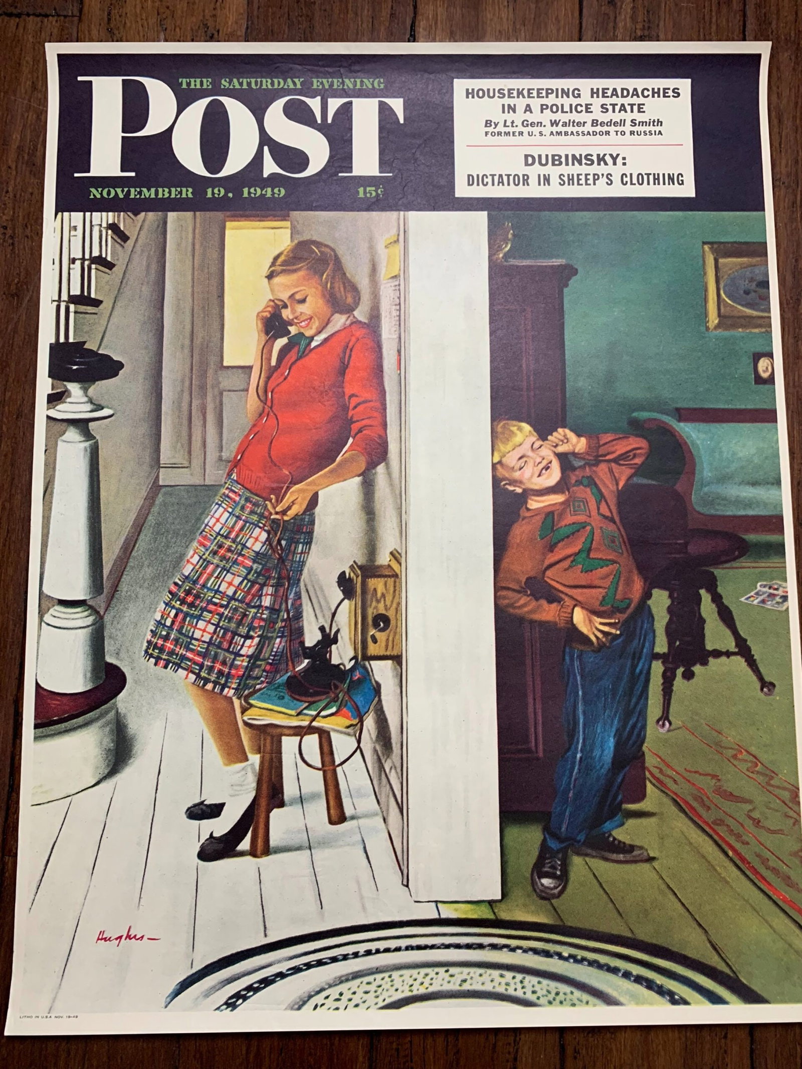 22x28 1949 Newstand Poster Saturday Evening Post - Art By George Hughes eavesdropping On Sis: Title: 22x28 1949 Newstand Poster Saturday Evening Post - Art By George Hughes eavesdropping On Sis Description: 22x28 1949 Newstand Poster Saturday Evening Post - Art By George Hughes eavesdropping O