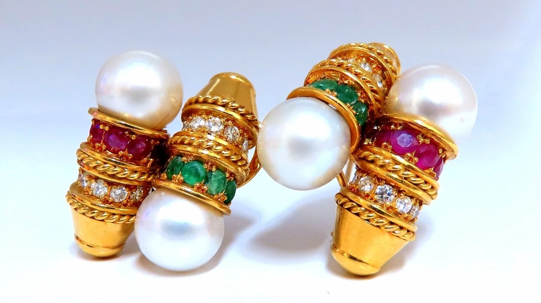 3ct Natural Ruby Emerald Sapphire Pearl clip Earrings 18kt** - 4