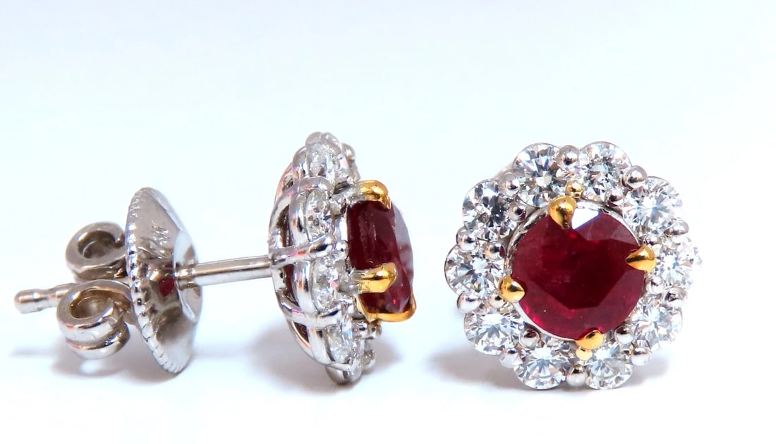 2.20ct Natural Ruby Diamond Cluster Stud earrings 14kt** - 3