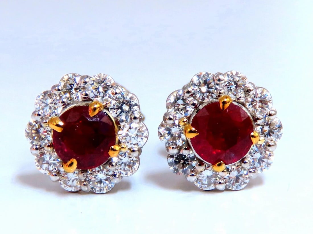 2.20ct Natural Ruby Diamond Cluster Stud earrings 14kt** - 4