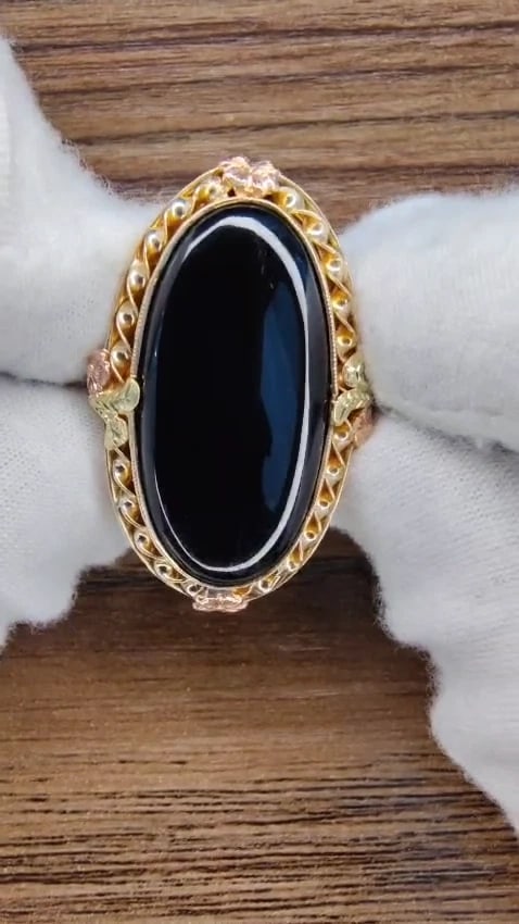 Natural Black Onyx Vintage Ring 14kt Gothic Deco *v - 3