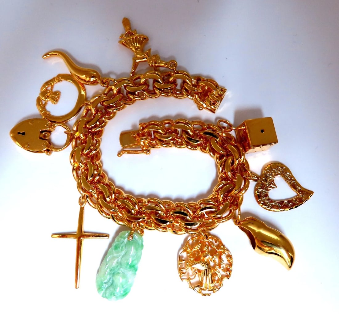 14kt 10 Charm Bracelet Fairy Horn Irish Lock Cross Jade Mary Slipper Heart ** - 2