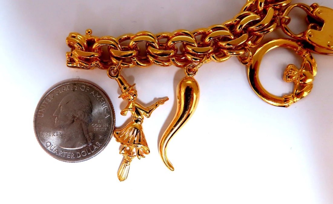 14kt 10 Charm Bracelet Fairy Horn Irish Lock Cross Jade Mary Slipper Heart ** - 3