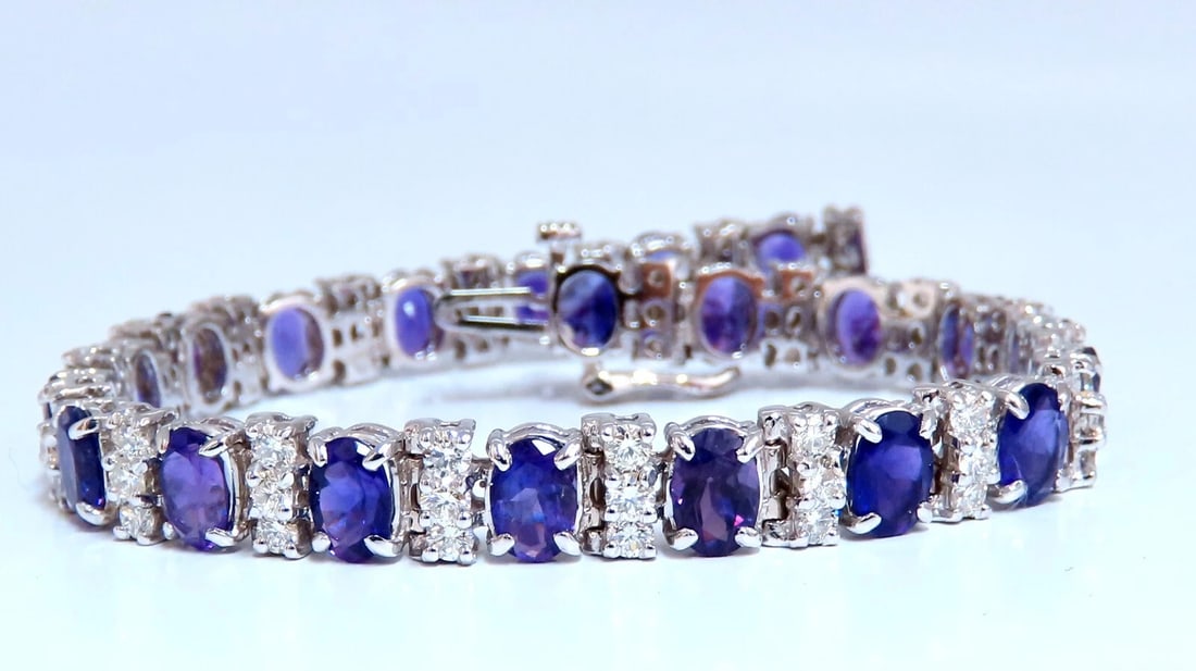 10ct Natural Oval Purple Amethysts Diamonds Tennis Bracelet 14kt Gold** - 2