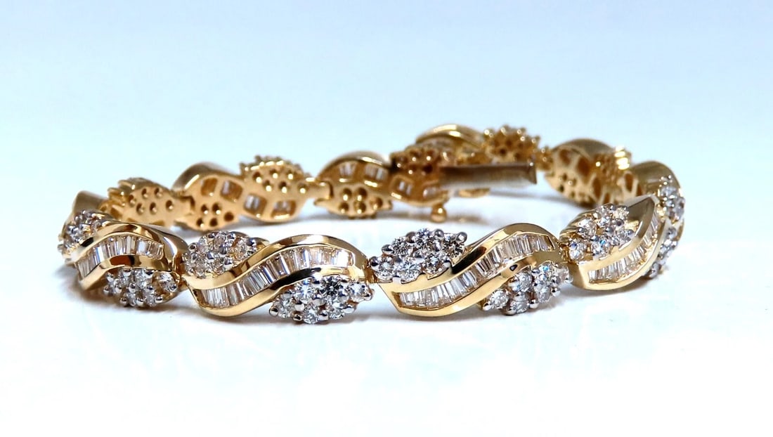 Natural Round & Baguettes Diamonds Cluster Channel Bracelet 14kt *v - 2