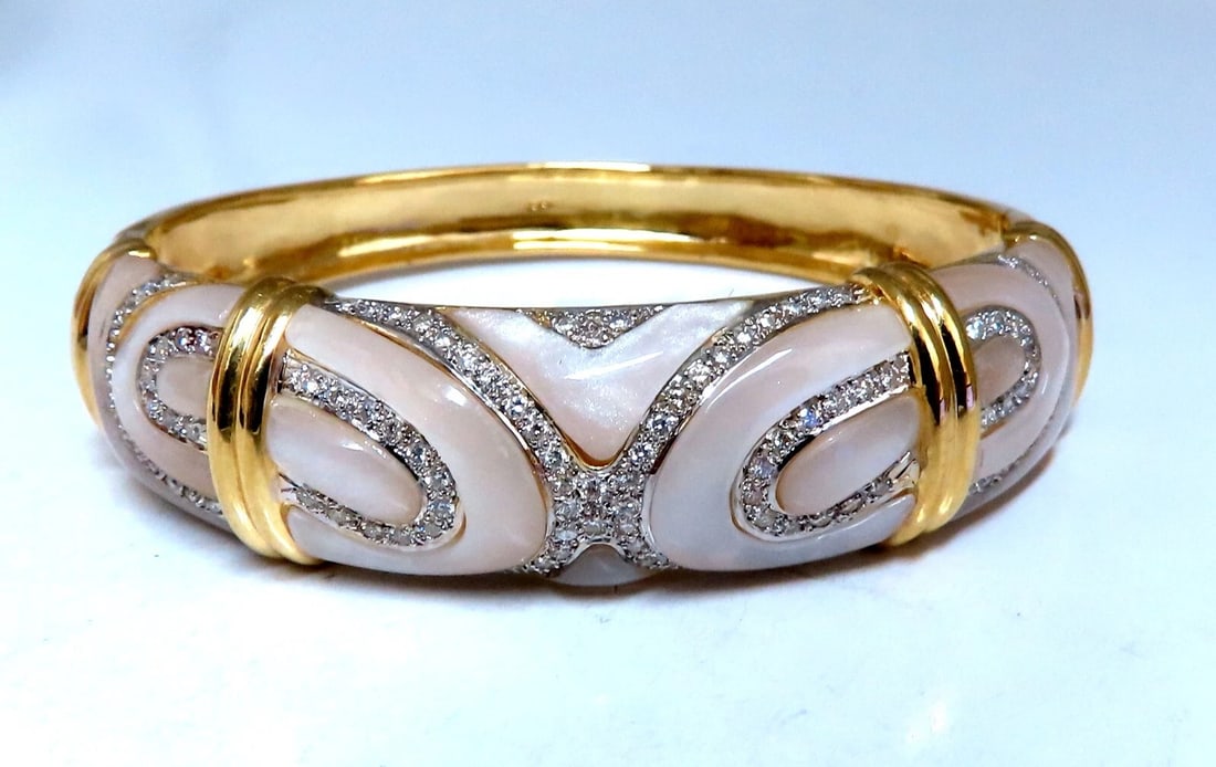 Natural Diamonds Carved Mother of Pearl Bangle Bracelet 18kt *v - 2