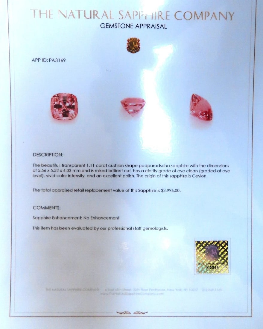 Certified Padparadscha No Heat 1.11ct Natural Sapphire Pink No Heat Platinum** - 5