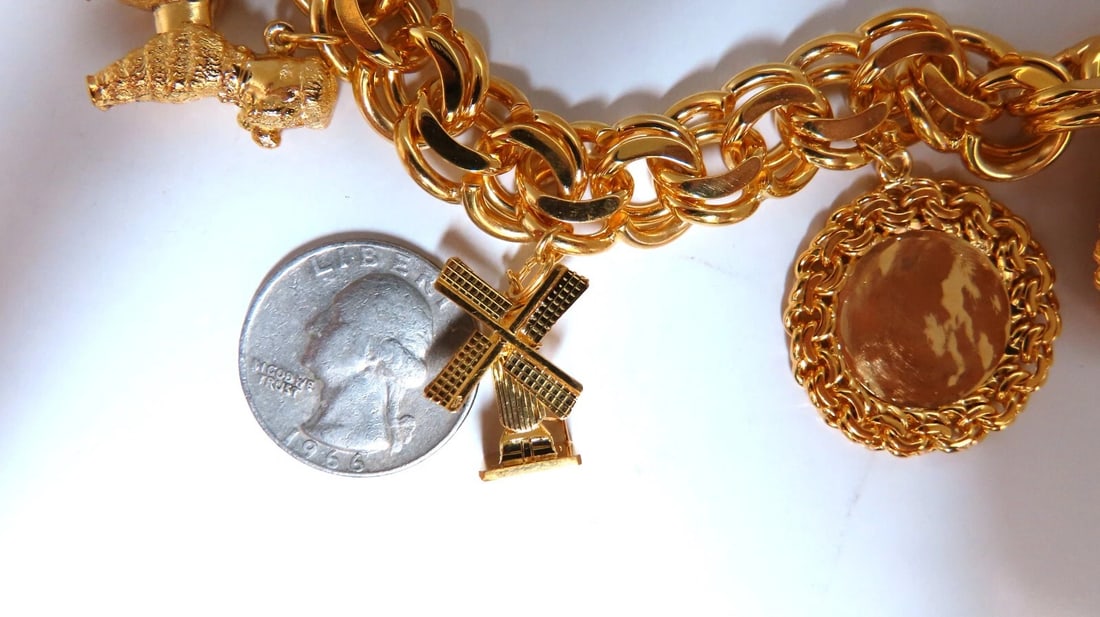 14kt Gold 6 Charm Functional Bracelet Sun Dog Windmill Frame Lilly 104gr** - 7