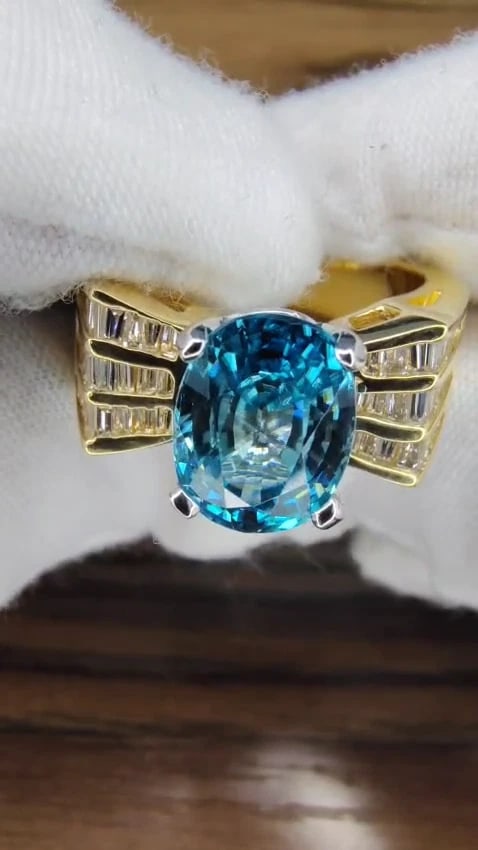5.36 carat natural blue zircon baguette diamond ring 14kt gold *v - 3