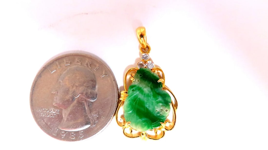 Natural Jade Carved Diamond Pendant 18kt** - 3