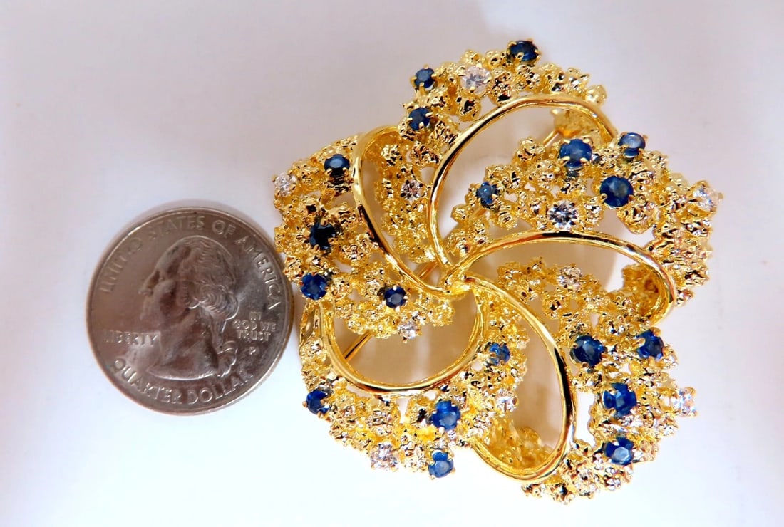 Swirling 18kt Gold Natural Sapphire Diamonds Pin** - 6