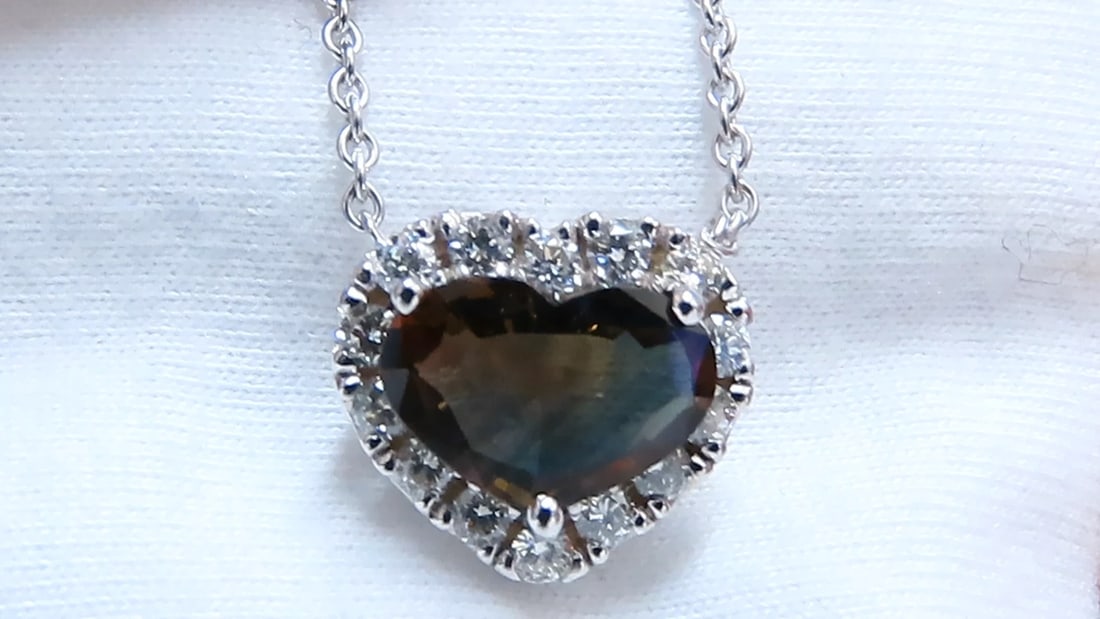 GIA certified 3.23ct Natural No Heat Heart Sapphire Diamonds Necklace 14kt** - 3