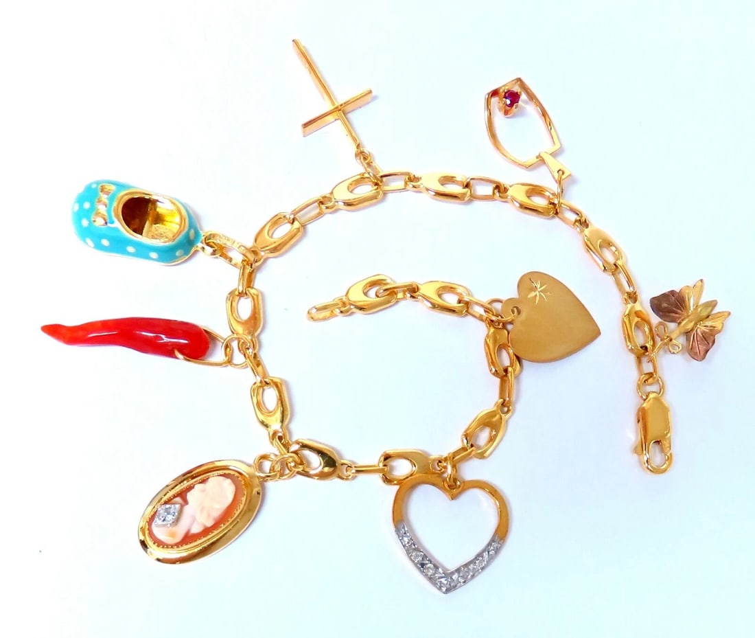 Eight Charms Link Bracelet 14kt gold 7.5 inch 14gm** - 4