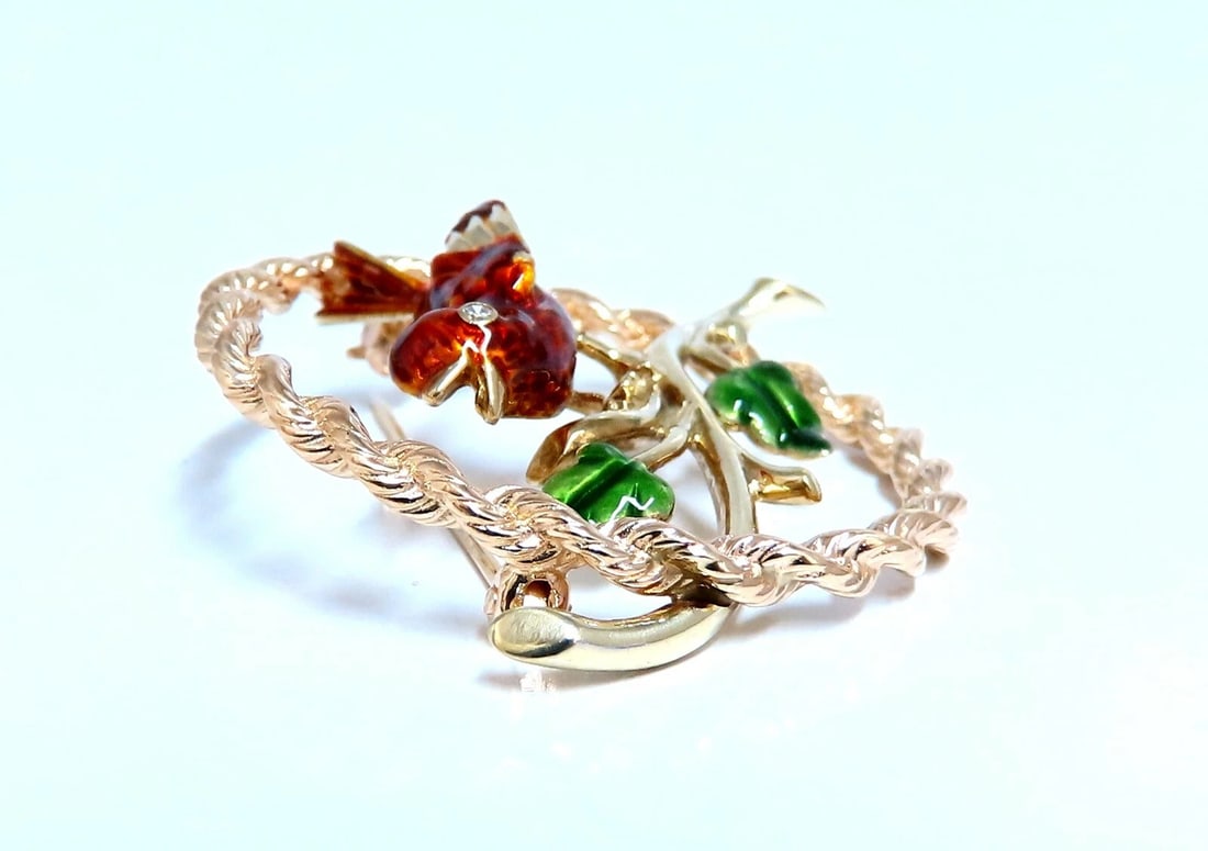 Enamel Chirping Bird Brooch Pin 14kt** - 3