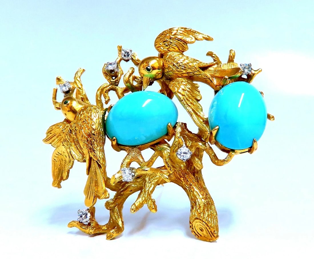 Vintage Bird Nest Eggs 20ct Turquoise 18kt Brooch High Intricate**: Title: Vintage Bird Nest Eggs 20ct Turquoise 18kt Brooch High Intricate** Description: Vintage Nesting Birds Niche Statement Pin .50ct Natural Diamonds Rounds, full cut. G--color Vs-2 clarity. 20ct of