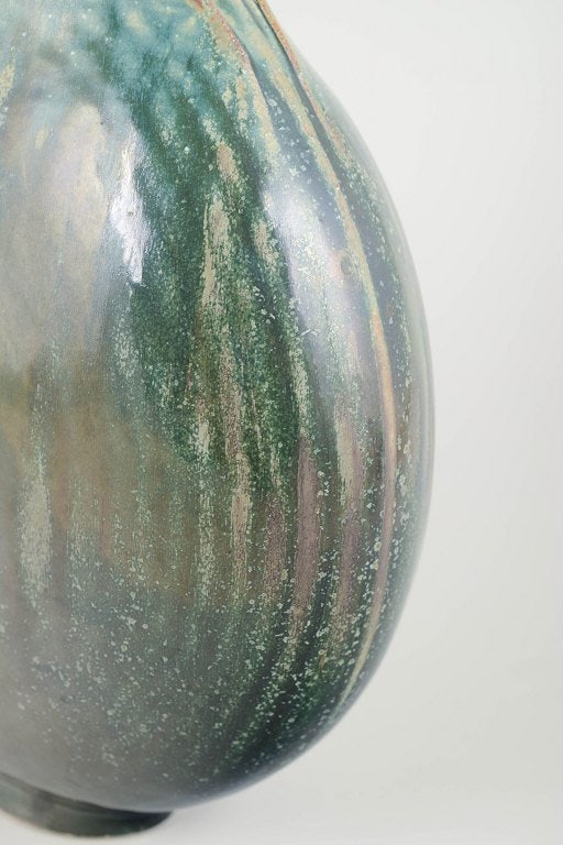 European Studio Potter. Large sculptural stoneware vase in green, turquoise and earthy tones. - 3