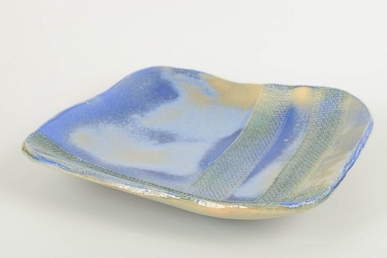 European Studio Potter. Large square stoneware wall dish with glaze in blue, green and golden tones. - 2