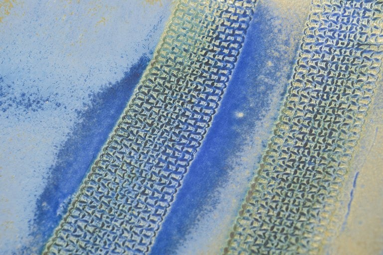 European Studio Potter. Large square stoneware wall dish with glaze in blue, green and golden tones. - 3