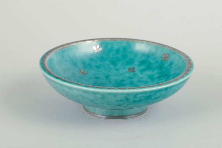 Willhelm Kage for Gustavsberg, Sweden. Stoneware bowl in turquoise glaze with silver inlays. (1 of 4)