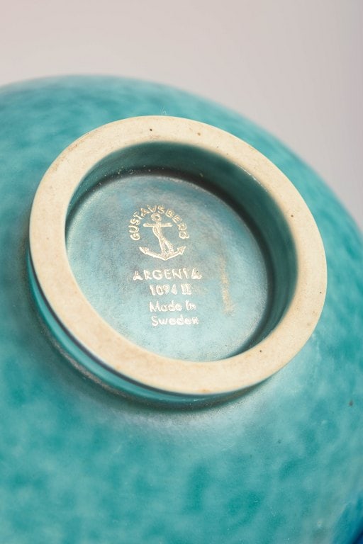 Willhelm Kage for Gustavsberg, Sweden. Stoneware bowl in turquoise glaze with silver inlays. - 4
