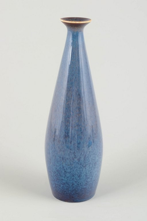 Carl-Harry Stalhane for Rorstrand, Sweden. drop-shaped stoneware bowl with a glossy blue glaze.: Carl-Harry Stalhane for Rorstrand. Vase, mid-20th century. Elegant, drop-shaped stoneware vase with a glossy blue glaze showing subtle tonal variations from deep cobalt to lighter blue. The organic
