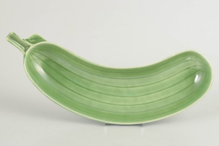 Stig Lindberg for Gustavsberg, Sweden. Faience cucumber dish with a glossy green glaze. Approx. (1 of 4)