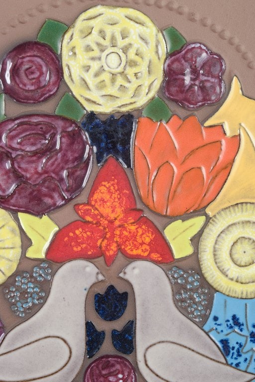 Sven-Erik Skawonius for Upsala Ekeby, Sweden. Colourful ceramic wall relief with floral and bird - 2