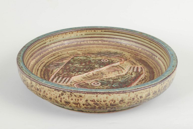 Jorgen Mogensen for Royal Copenhagen, Denmark. Large circular ceramic dish with fish motif in earthy (1 of 4)