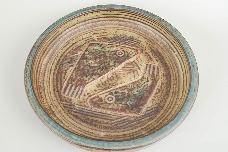 Jorgen Mogensen for Royal Copenhagen, Denmark. Large circular ceramic dish with fish motif in earthy - 2