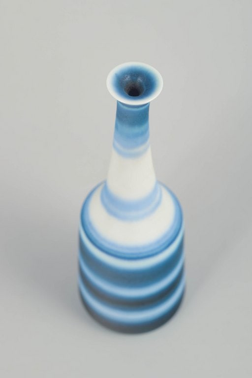 Gunnar Nylund for Rorstrand, Sweden. Miniature stoneware vase with horizontal bands in blue and - 2