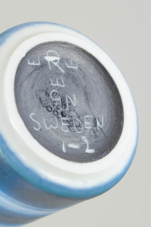 Gunnar Nylund for Rorstrand, Sweden. Miniature stoneware vase with horizontal bands in blue and - 4