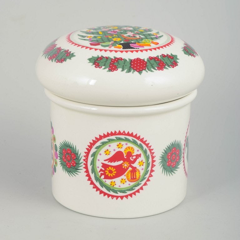 Susan Williams-Ellis for Portmeirion, United Kingdom. Faience lidded jar with a colourful Christmas: Susan Williams-Ellis for Portmeirion, lidded jar. Cylindrical faience lidded jar decorated with a colourful Christmas motif in red, green and yellow tones on a light ground. The design features
