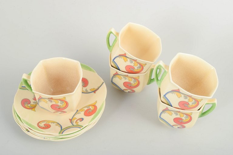 Clarice Cliff for Royal Doulton, England. Faience set of five coffee cups with saucers with - 2