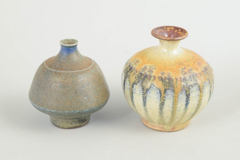 Wallakra, Sweden. Two miniature stoneware vases in earth tones and flowing effects. Approx. 1970s. (1 of 4)